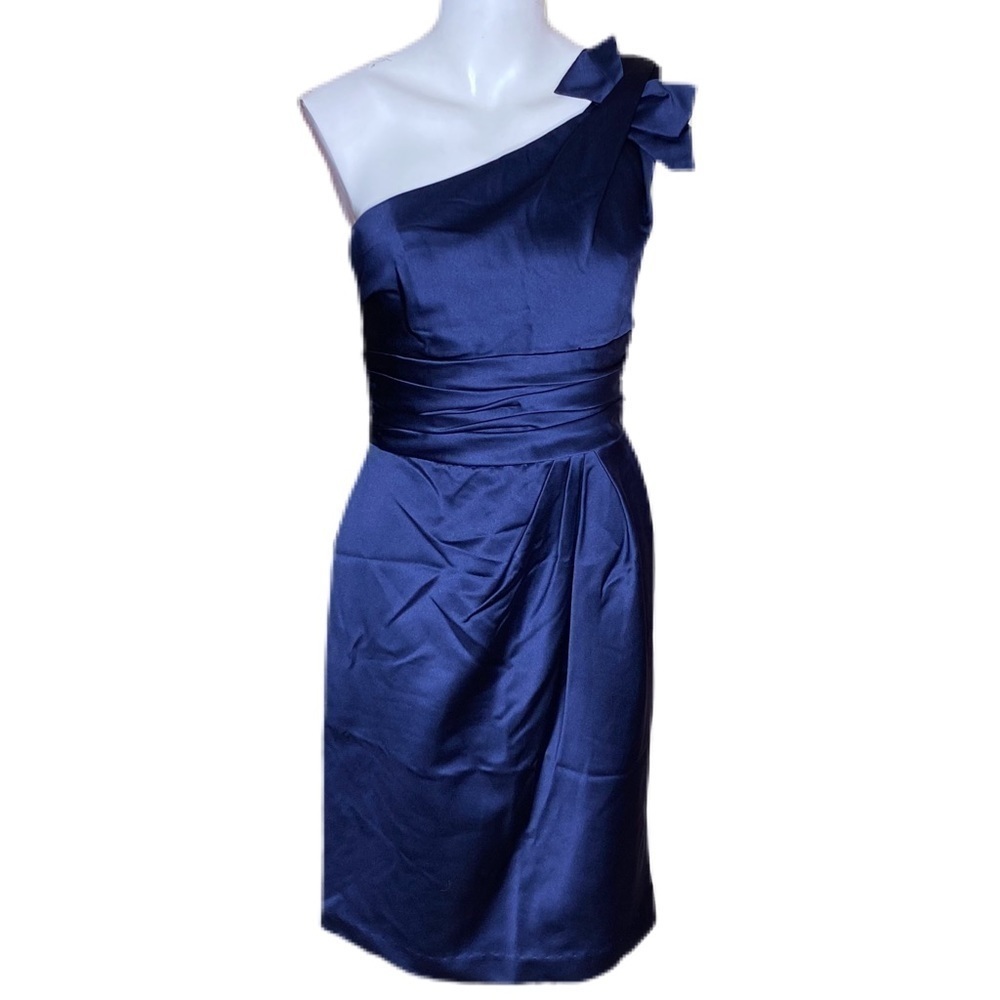 David’s Bridal Dress One Shoulder Blue Satin Size 4 Bow